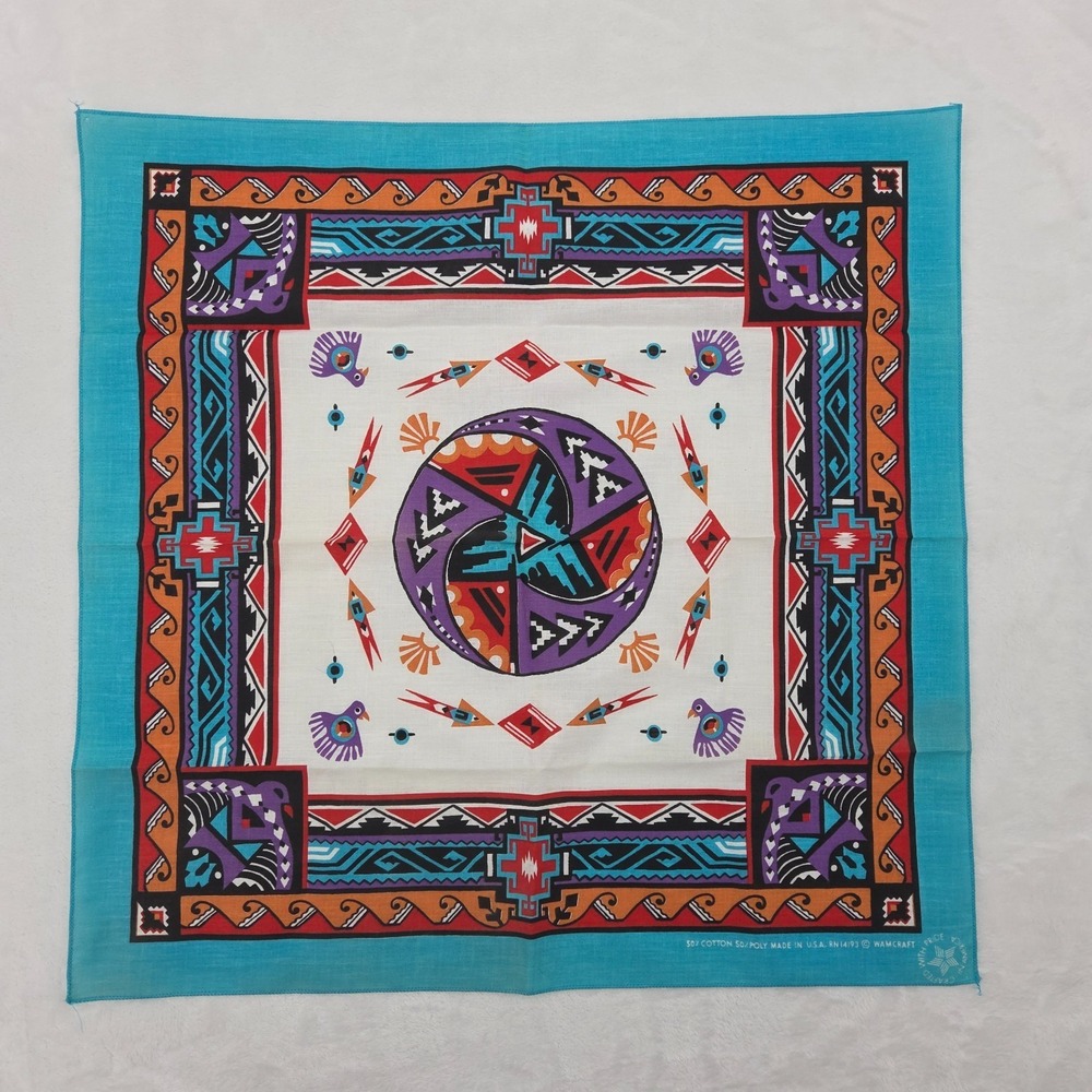 VTG Wamcraft Bandana Southwest Aztec Teal Purple White Rare Print USA Made